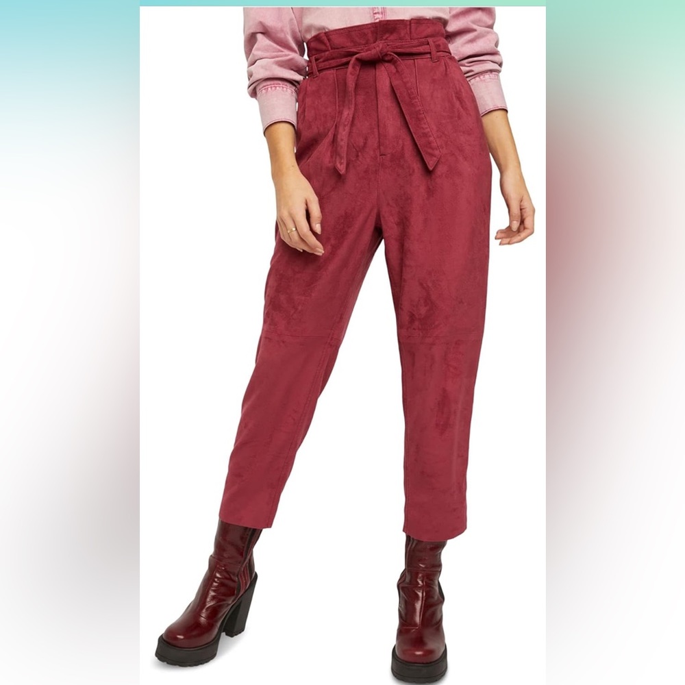 Free People Burgundy Suede Paperbag Waist Tie Belt Cropped Pants Size 6